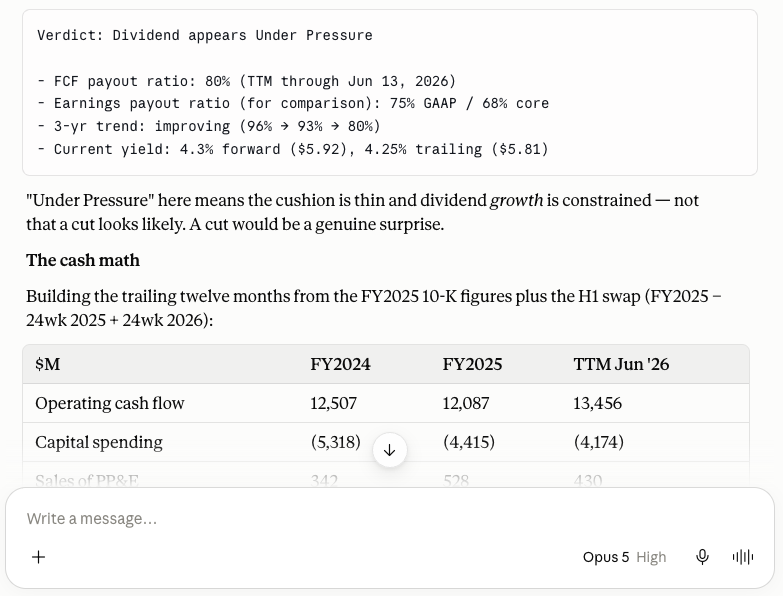 Stress-test a dividend the way a credit analyst would — measuring the payout against free cash flow rather than reported earnings, and flagging whether coverage is improving or deteriorating.